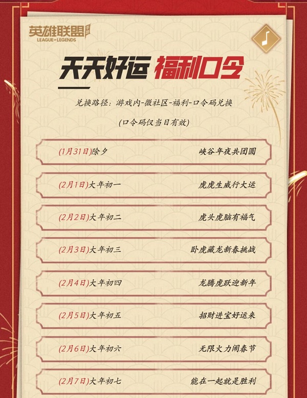 英雄联盟手游微社区春节福利口令码大全